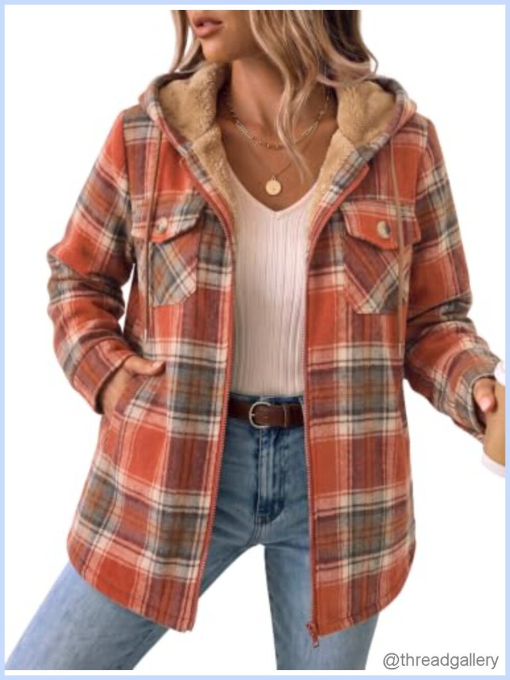 Plaid Fleece Lined Shacket Hooded Winter Coat Jacket